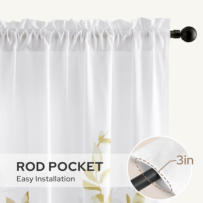 HOMEIDEAS Non-See-Through Gold and White Privacy Sheer Curtains 52 X 84 Inch Length 2 Panels, Leaf Floral Printed Light Filtering Semi Sheer Window Curtains Drapes for Bedroom Living Room