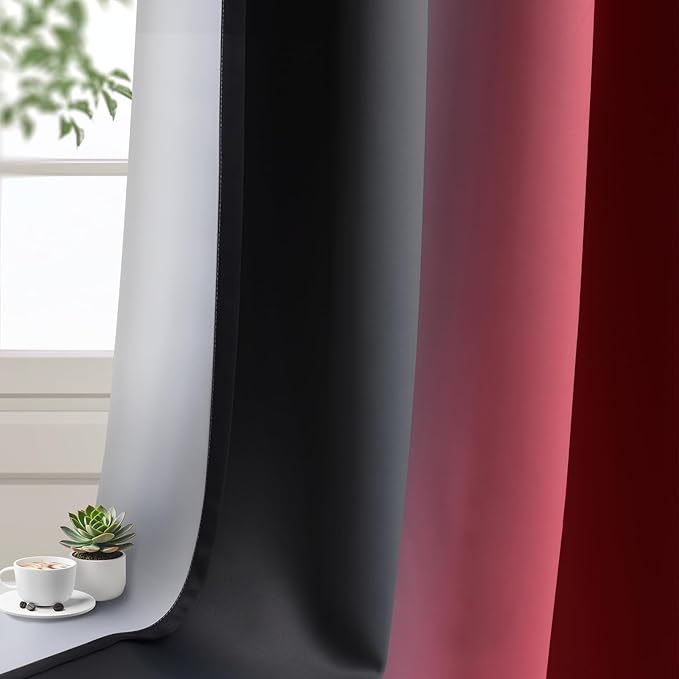 Yakamok Blackout Ombre Burgundy and Black Curtains for Bedroom, Gradient Room Darkening Curtains, Grommet Thermal Insulated Light Blocking Window Drapes/Curtain for Living Room,52 x 54 Inch,2 Panels