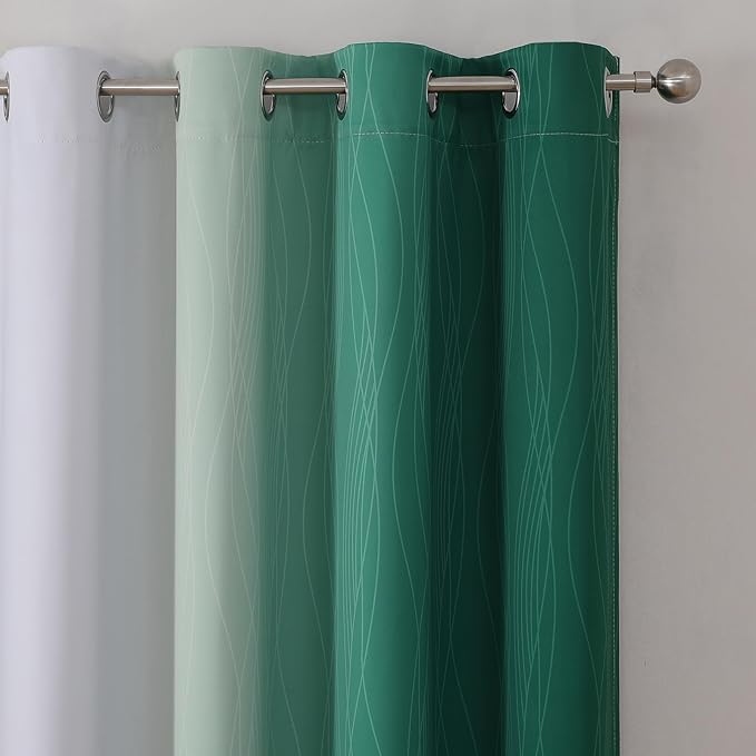Estelar Textiler Green and Greyish White Blackout Curtains for Kids Room, Full Room Darkening Grommet Ombre Curtains for Bedroom, Thermal Insulated Light Blocking Gradient Drapes, 52Wx63L, 2 Panels