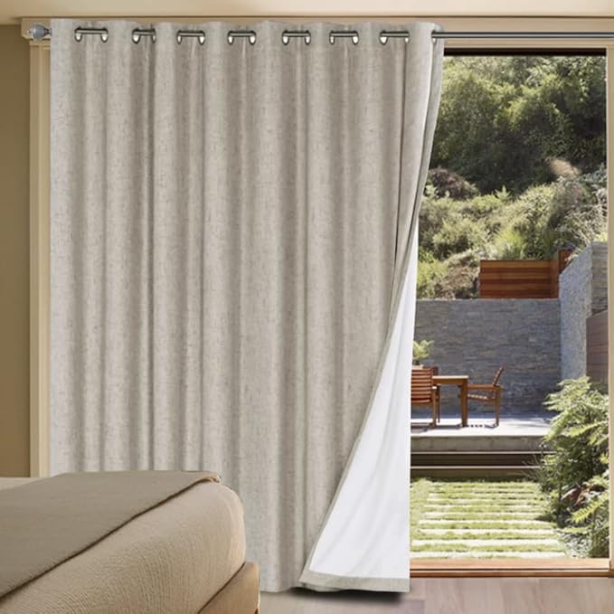 H.VERSAILTEX Linen Blackout Curtains Durable Thick Textured Linen Look 100% Blackout Patio Door Curtain Anti Rust Grommet Extra Wide Sliding Door Curtain Panel, W100 x L108 inch - Stone
