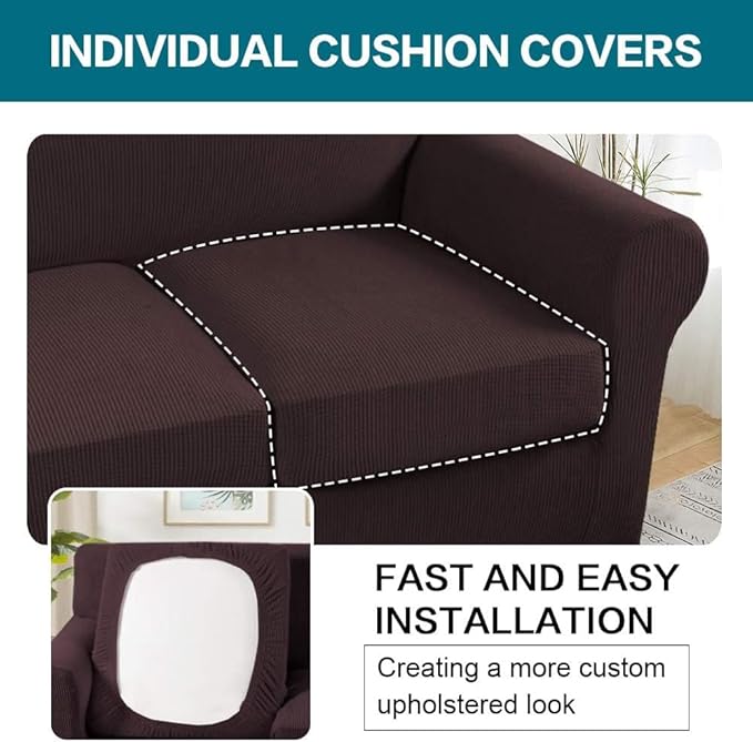 Turquoize 4 Piece Sofa Covers for 3 Cushion Couch Sofa Slipcover Soft Couch Cover for Dogs-Washable Sofa Furniture Covers with 3 Individual Large Cushion Covers Jacquard Fabric (XL Sofa, Brown)