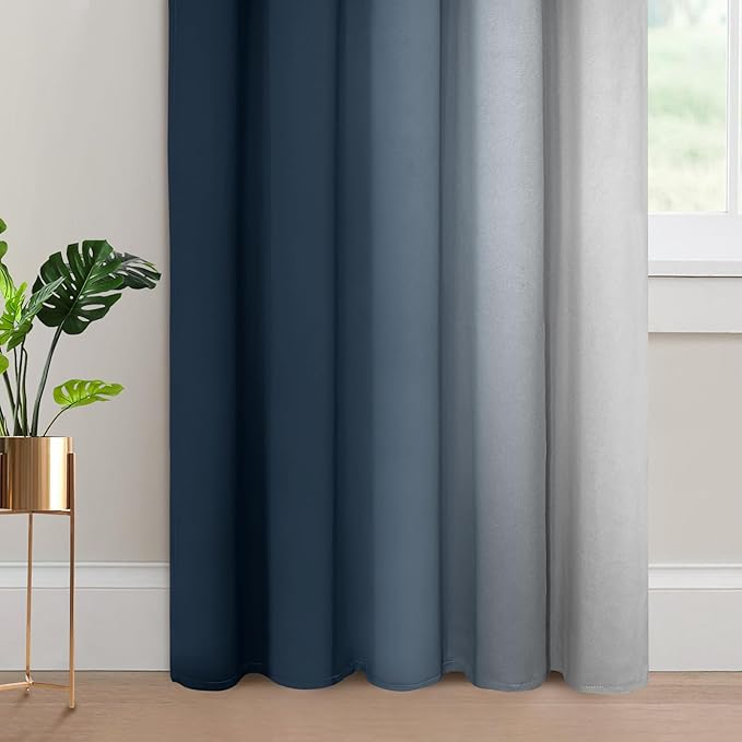 Yakamok Room Darkening Ombre Curtains 84 Inch Length, Navy Blue and Greyish White Thermal Insulated Gradient Color Curtains,Light Blocking Grommet Window Drapes for Bedroom,70 Inch Width,2 Panels