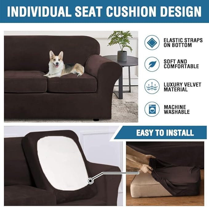H.VERSAILTEX Rich Velvet Stretch 2 Piece Cover Chair Slipcover Sofa Cover Furniture Protector Couch Soft with Elastic Bottom Chair Couch Cover with Arms Width Up to 49 Inch(Chair,Brown)