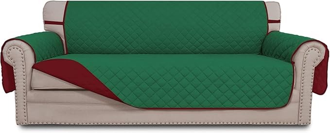 Easy-Going 4 Seater Sofa Slipcover Reversible Sofa Cover Water Resistant Couch Cover with Foam Sticks Elastic Straps Furniture Protector for Pets Children Dog Cat (XX-Large, Green/Christmas Red)