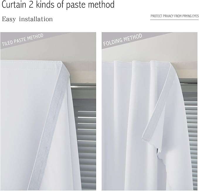 Self Adhesive Curtains Portable Blackout Curtain Simple and Easy to Install Bedroom Window Thermal Lnsulated Kitchen Room Darkening Black Small Drapes, 47" W X 96" L, White, 1 Panel