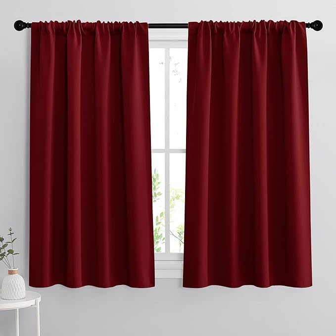 RYB HOME Blackout Curtains for Bedroom Living Room 63 inches Long, Thermal Insulated Privacy Rod Pocket Drapes for Nursery Office Home Theater, Width 34 by Length 63, Burgundy Red, 2 Panels