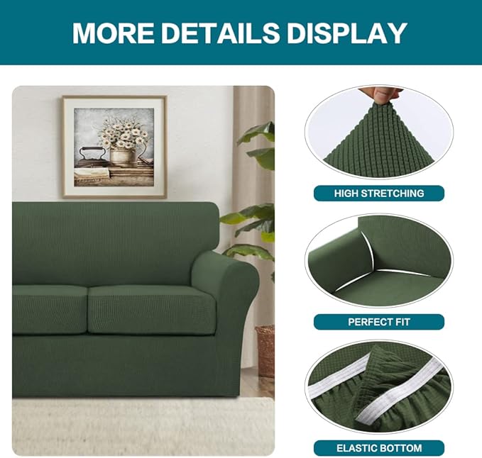 Turquoize 3 Piece Sofa Covers for 2 Cushion Couch Sofa Slipcover Soft Couch Cover for Dogs-Washable Sofa Furniture Covers with 2 Individual Cushion Covers,(Loveseat, Bronze Green)