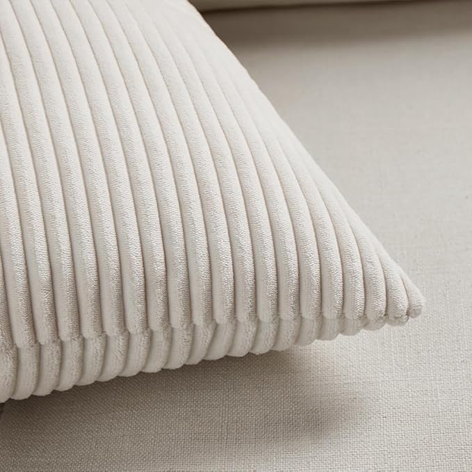 Fancy Homi 2 Packs Cream Lumbar Decorative Throw Pillow Covers 14x24 Inch for Living Room Couch Bed Sofa, Rustic Farmhouse Boho Home Decor, Soft Striped Corduroy Rectangle Accent Cushion Case 35x60 cm