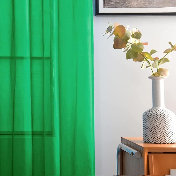 SpaceDresser Sheer Voile Window Treatment Rod Pocket Curtain Panels for Kitchen Bedroom Living Room Drapes Sunlight Filtering Privacy Semi Home Decor Assorted Colors Sizes (Green, 52 W x 90 L)