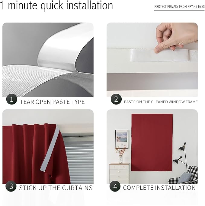 Self Adhesive Curtains, Stick Curtain Blackout Shades Window Cover Curtains for Living Room No Drilling, 35" W X 79" L, Burgundy, 1 Panel
