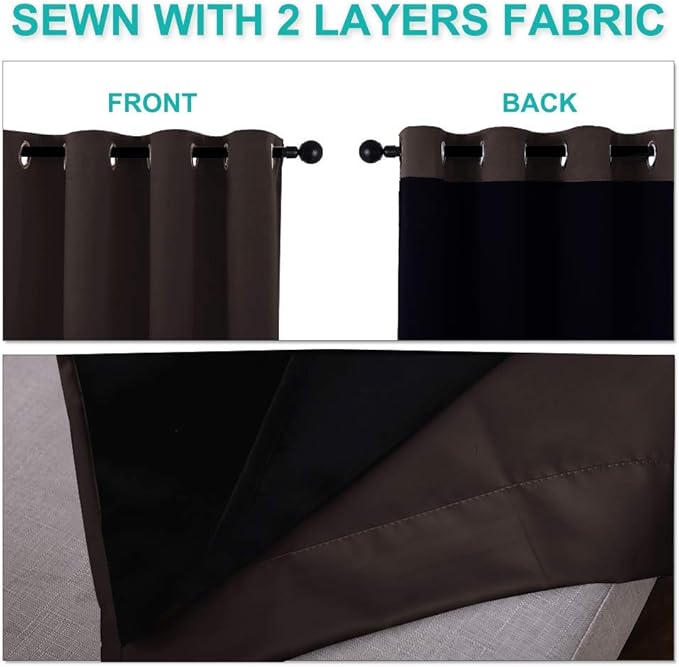 NICETOWN Full Shading Curtains 90 inches Long 2 Panels Set for Windows, Brown, Pack of 2, 52 inches W, Super Heavy-Duty Black Lined Blackout Curtains for Bedroom, Privacy Assured Window Treatment