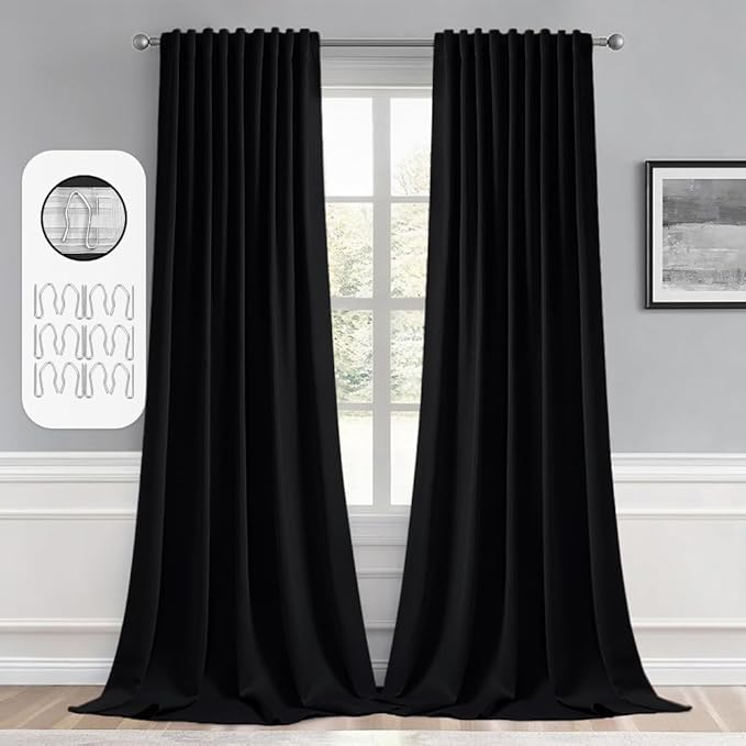 MIULEE Black Back Tab Blackout Curtains 98 Inch Length 2 Panels Set for Living Room Bedroom Privacy, Halloween Rod Pocket/Pinch Pleat Thermal Insulated Room Darkening Pleated Light Blocking Drapes