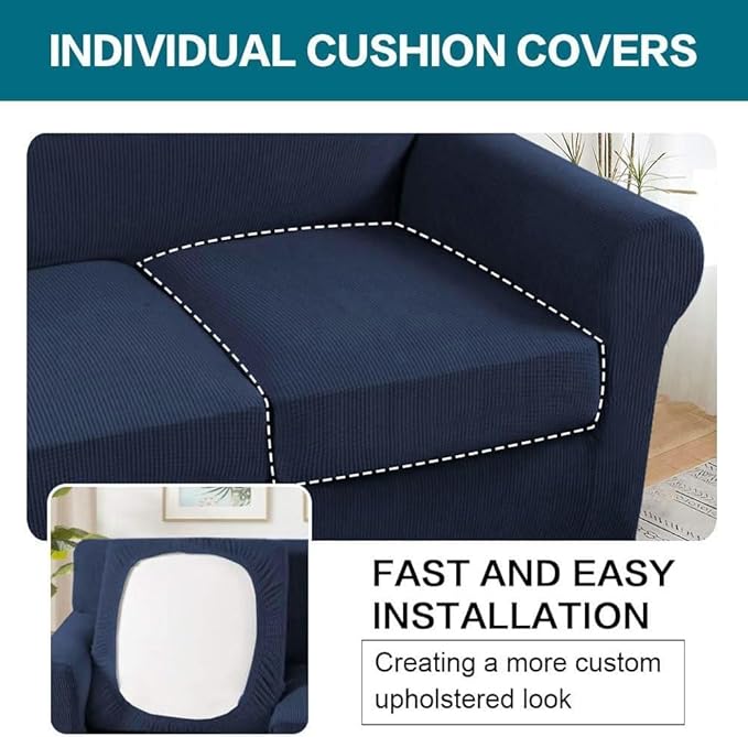 Turquoize 4 Piece Sofa Covers for 3 Cushion Couch Sofa Slipcover Soft Couch Cover for Dogs Washable Furniture Cover with 3 Individual Large Cushion Covers Feature Fabric (Large Sofa, Navy)