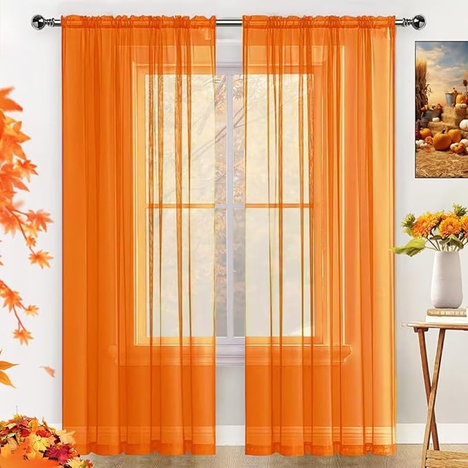 SpaceDresser Basic Rod Pocket Sheer Voile Window Curtain Panels White 1 Pair 2 Panels 60 Width 72 Inch Long for Kitchen Bedroom Children Living Room Yard(Orange,60 W x 72 L)