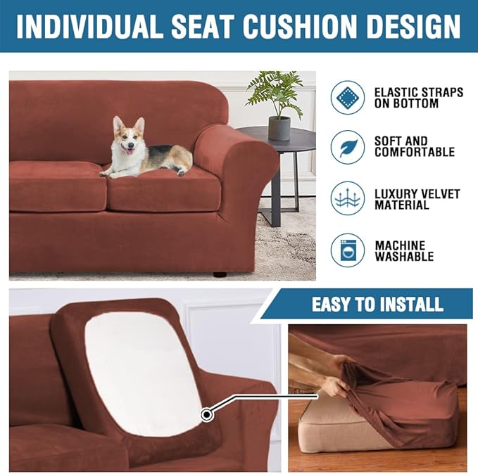 H.VERSAILTEX Modern Velvet Plush 4 Piece High Stretch Sofa Slipcover Sofa Cover Furniture Protector Form Fit Luxury Thick Velvet Sofa Cover for 3 Cushion Couch, Machine Washable (Sofa, Rust