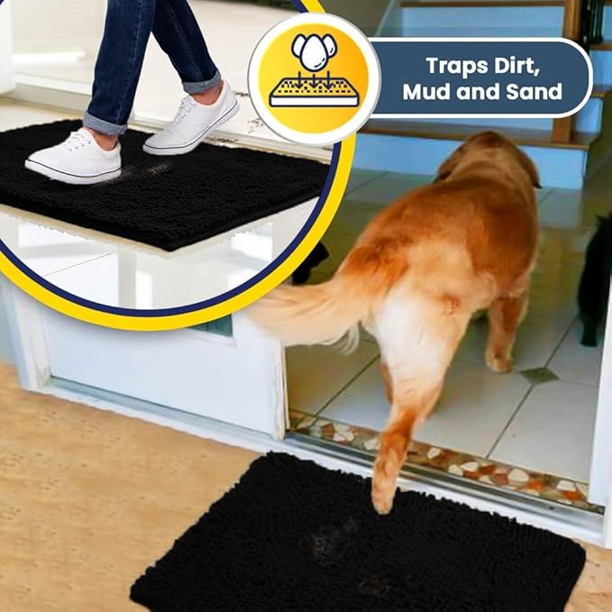 Muddy Mat® | Super Absorbent Door Mat Indoor, Microfiber Quick Dry Chenille Entryway Rug, Non-Slip Front Door Mat, Indoor Mats for Entryway, Machine Washable Pet Rug, Black 24"x120"