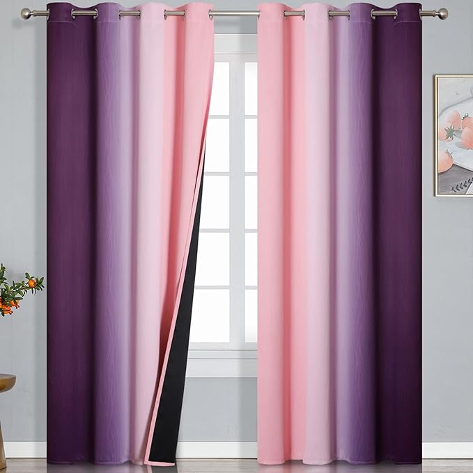 Ombre Pink and Purple Blackout Curtains 84 Inches Long, Full Room Darkening Curtains for Bedroom, Completely Light Blocking Grommet Thermal Insulated Gradient Drapes for Kids Room,52x84 Inch, 2 Panels