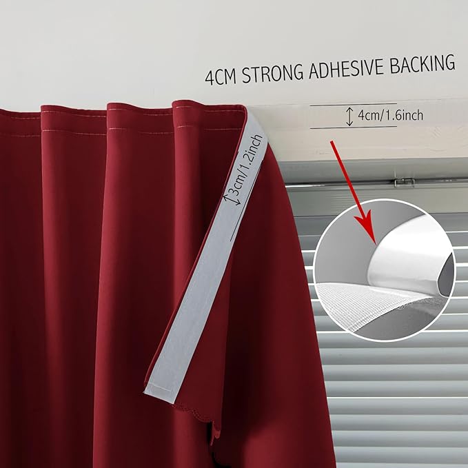Self Adhesive Curtains, Stick Curtain Blackout Shades Window Cover Curtains for Living Room No Drilling, 35" W X 79" L, Burgundy, 1 Panel