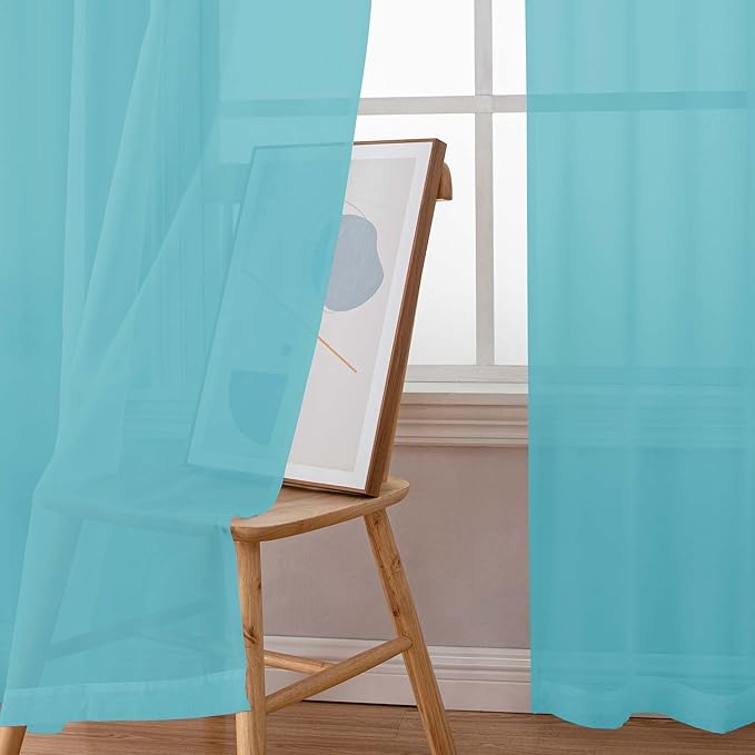 Chyhomenyc Sheer Curtains 63 Inch Length 2 Panels Set, Light Filtering Rod Pocket Window Curtain Treatment Drapes for Bedroom Living Room, Each 42Wx63L, Set of 2, Aqua