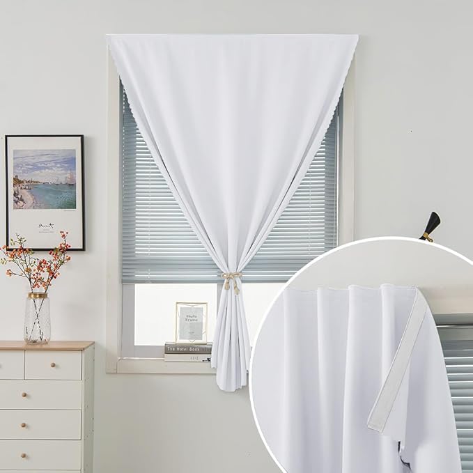 Self Adhesive Curtains Portable Blackout Curtain Simple and Easy to Install Bedroom Window Thermal Lnsulated Kitchen Room Darkening Black Small Drapes, 47" W X 96" L, White, 1 Panel