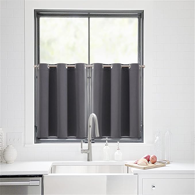ChrisDowa Small Window Curtains for Kitchen and Bedroom - Grommet Short Thermal Insulated Room Darkening Curtains (2 Panels, Dark Grey, 34 x 36 Inch)