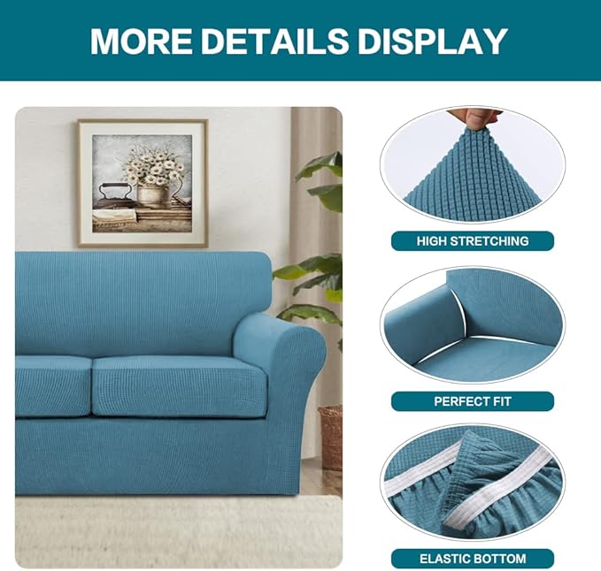 Turquoize 3 Piece Sofa Covers for 2 Cushion Couch Sofa Slipcover Soft Couch Cover for Dogs-Washable Sofa Furniture Covers with 2 Individual Cushion Covers, Thick Jacquard Fabric (Loveseat, Storm Blue)
