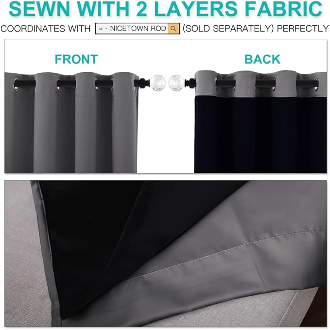 NICETOWN Total Shade Curtains and Draperies, Heavy-Duty Full Light Shading Drapes with Black Liner Backing for Villa/Hall/Dorm Window（Gray, Package of 2 Panels, 62 inches Wide x 95 inches Long