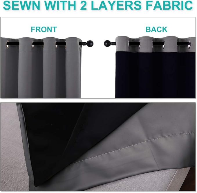 NICETOWN 100% Blackout Short Curtains with Black Liners, 2 Panels, 37" W by 60" L, Grey, Solid Thermal Insulated Full Blackout 2-Layer Lined Drapes, Energy Efficiency Window Draperies for Bedroom