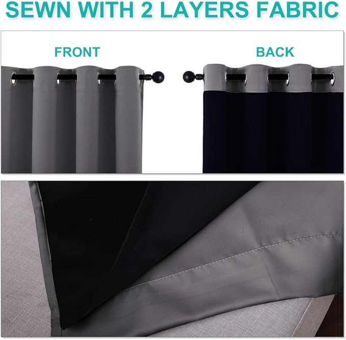 NICETOWN 100% Blackout Short Curtains with Black Liners, Solid Thermal Insulated Full Blackout 2-Layer Lined Drapes, Energy Efficiency Window Draperies for Bedroom (2 Panels, 37" W by 63" L, Grey)