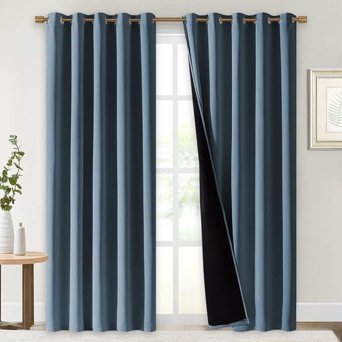 NICETOWN 100% Blackout Window Curtain Panels, Smoky Blue, 2 Pieces, 70" Wide Each Panel, Cold and Full Light Blocking Drapes with Black Liner for Nursery, 84" Drop Thermal Insulated Draperies