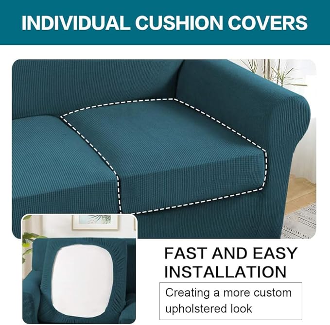 Turquoize 4 Piece Sofa Covers for 3 Cushion Couch Sofa Slipcover Soft Couch Cover for Dogs-Washable Sofa Furniture Covers with 3 Individual Large Cushion Covers Jacquard Fabric(XL Sofa,Deep Teal)