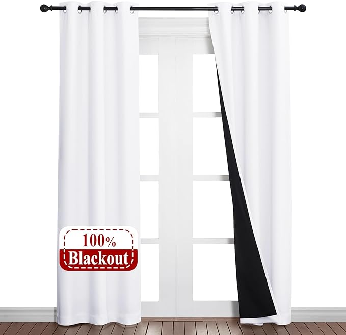 NICETOWN White Blackout Curtains 80 inches Long, 2 Pieces, 37" Wide Each Panel, Full Light Blocking Drapes with Black Liner for Nursery, Noise Reducing Thermal Insulated Draperies for Doorway