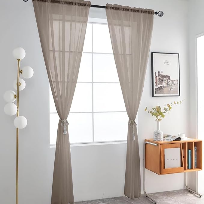 SpaceDresser Basic Rod Pocket Sheer Voile Window Curtain Panels Taupe 1 Pair 2 Panels 52 Width 96 Inch Long for Kitchen Bedroom Children Living Room Yard（Taupe, 52W x 96L）