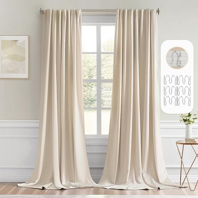 MIULEE Back Tab Cream Beige Curtains 105 Inch Long 2 Panels Set for Living Room Bedroom, Ivory Rod Pocket/Pinch Pleated Light Blocking Thermal Insulated Room Darkening Floor to Ceiling Blackout Drapes