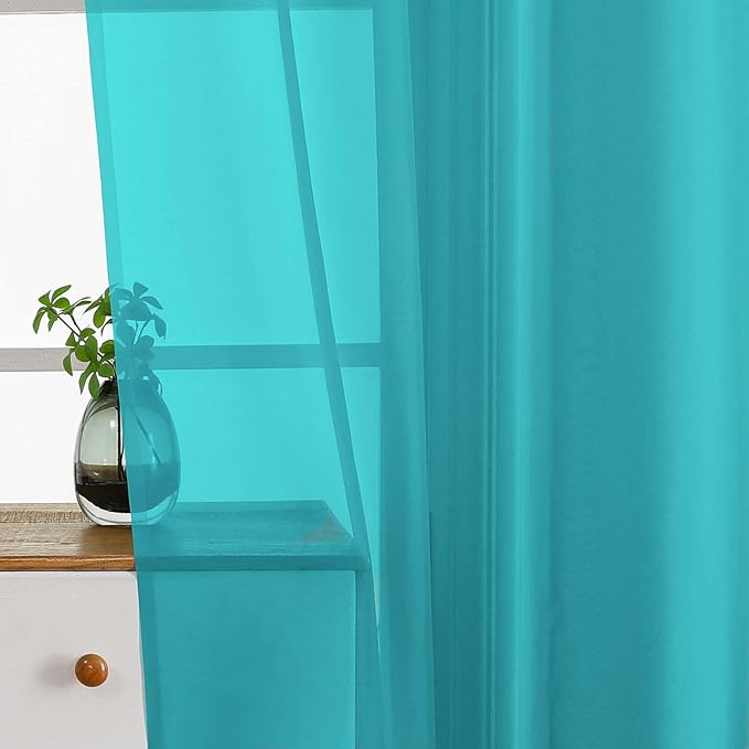 Turquoise Small Sheer Curtains 2 Panels Set, Kitchen Curtains 36 Inch Length, Elegant Light Filtering Short Window Drapes for Living Room Bedroom, Dual Rod Pocket Design, 2x42Wx36L Inches