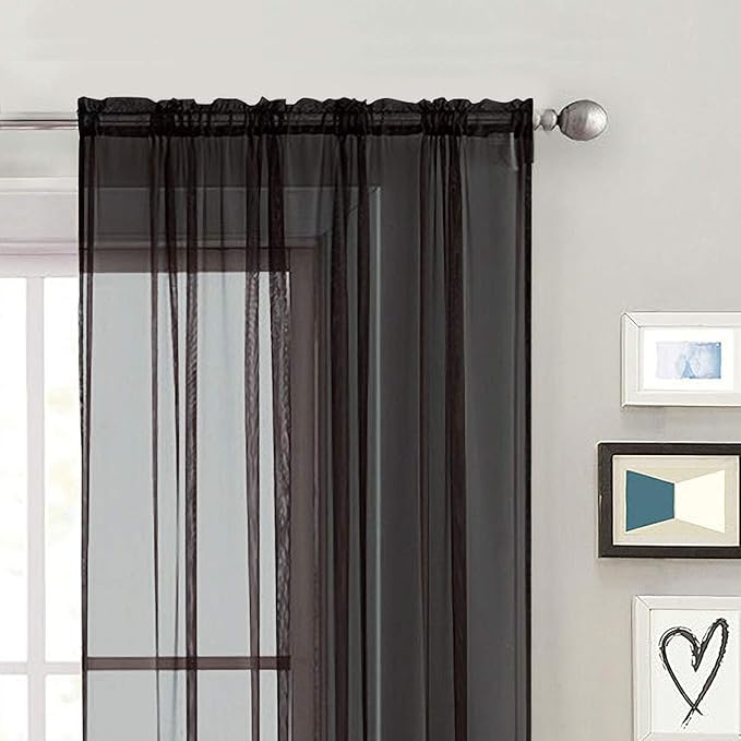 SpaceDresser Sheer Voile Window Treatment Rod Pocket Curtain Panels for Kitchen Bedroom Living Room Drapes Sunlight Filtering Privacy Semi Home Decor Assorted (Black, 52 W x 108 L)
