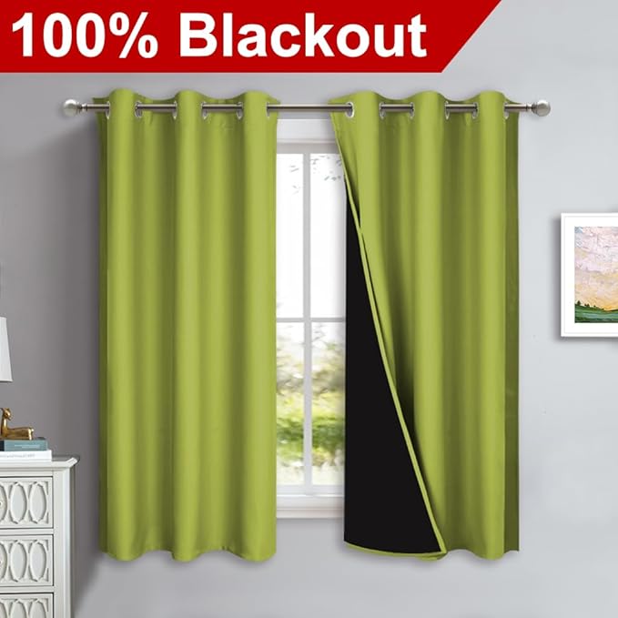 NICETOWN 100% Blackout Short Curtains with Black Liners, 2 Panels, 37" W by 40" L, Fresh Green, Solid Thermal Insulated Full Blackout 2-Layer Lined Drapes, Energy Efficiency Window Drapes for Bedroom