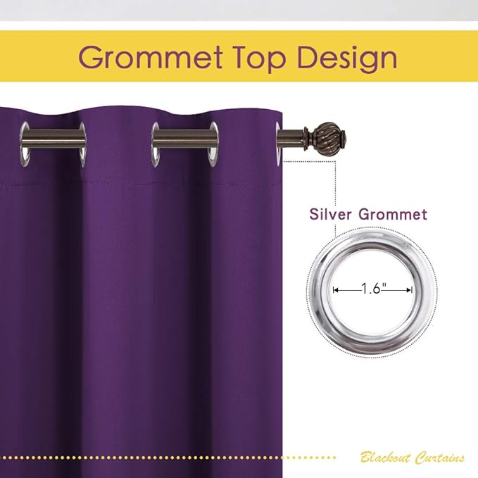 NICETOWN Blackout Curtains & Drapes for Bedroom, Royal Purple, W34 x L40, Set of 2, Triple Weave Grommet Top Thermal Insulated Light Blocking Panels for Bathroom/Living Room
