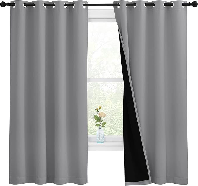 NICETOWN 100% Blackout Curtains with Black Liners, Thermal Insulated Full Blackout 2-Layer Lined Drapes, Energy Efficiency Window Draperies for Bedroom (Silver Grey, 2 Panels, 55-inch W by 68-inch L)