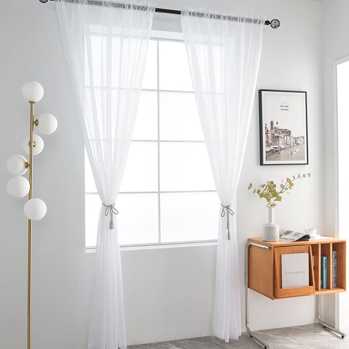 SpaceDresser Basic Rod Pocket Sheer Voile Window Curtain Panels White 1 Pair 2 Panels 38 Width 45 Inch Long for Kitchen Bedroom Children Living Room Yard(White,38 W x 45 L)