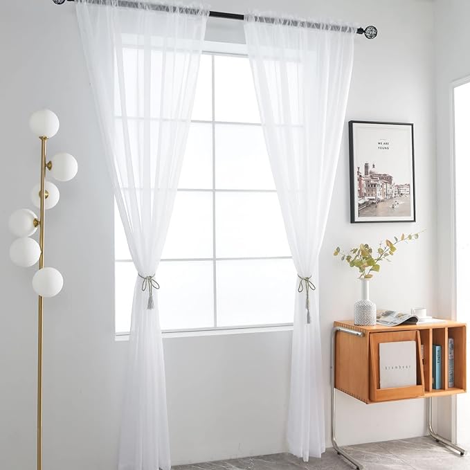 SpaceDresser Sheer Voile Window Treatment Rod Pocket Curtain Panels for Kitchen Bedroom Living Room Drapes Sunlight Filtering Privacy Semi Home Decor Assorted (White, 52 W x 128 L)