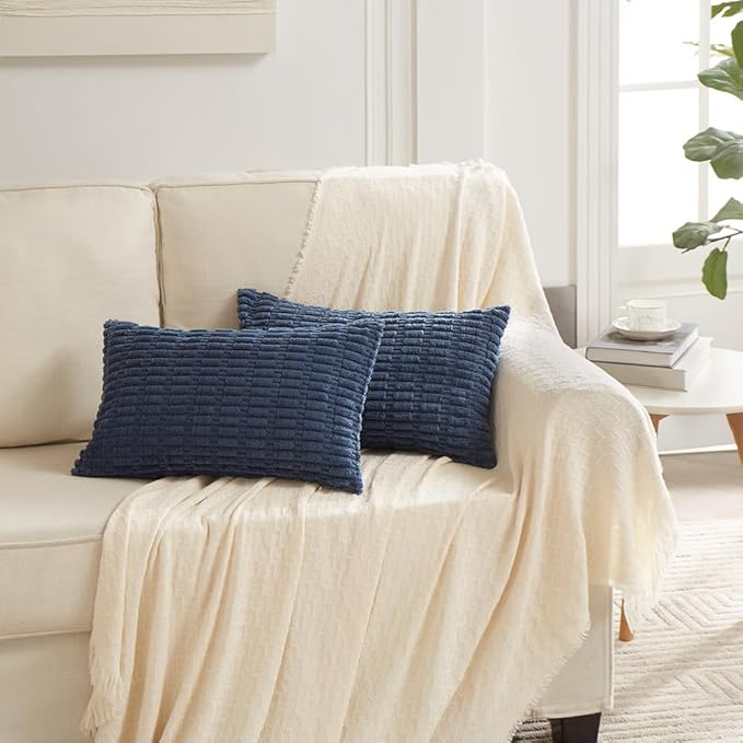 Fancy Homi 4 Packs Dusty Blue Decorative Throw Pillow Covers 12x20 Inch for Living Room Couch Bed Sofa, Rustic Farmhouse Boho Home Decor, Soft Plush Striped Corduroy Square Cushion Case 30x50 cm