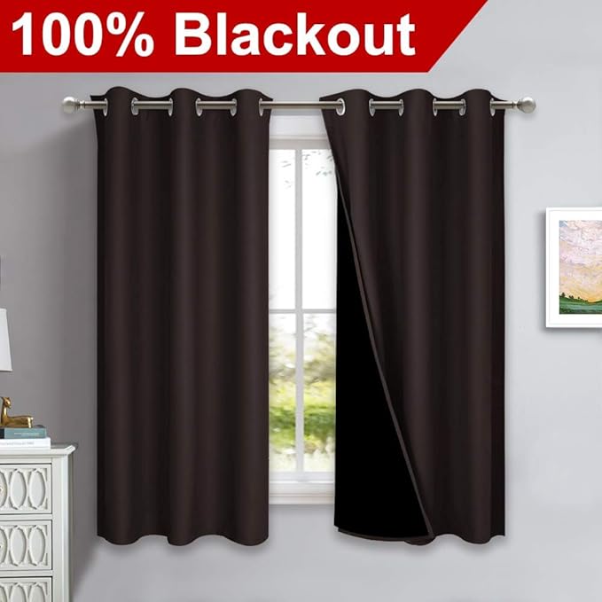 NICETOWN Complete 100% Blackout Curtains, Thermal Insulated & Energy Efficiency Window Draperies with Black Liner, Noise Reducing Short Curtains for Kids Room (Brown, 42-inch W by 63-inch L, 2 Panels)