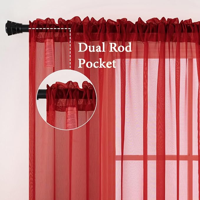 MIULEE 2 Panels Red Solid Color Sheer Christmas Window Curtains Elegant Window Voile Panels/Drapes/Treatment for Bedroom Living Room (54X63 Inches)