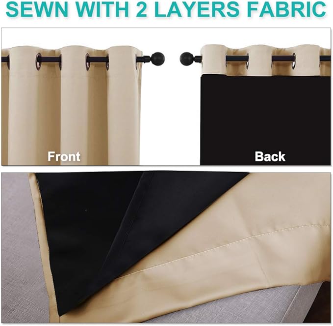 NICETOWN Living Room Completely Shaded Draperies, Privacy Protection & Noise Reducing Ring Top Drapes, Black Lined Insulated Window Treatment Curtain Panels(Biscotti Beige, 2 Pieces, W55 x L86)