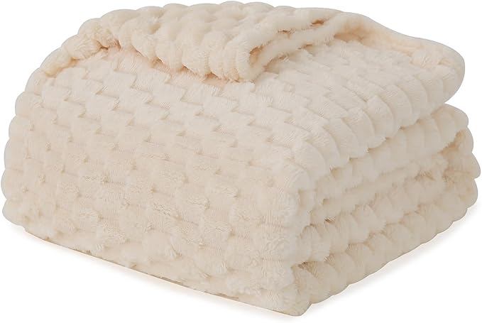 Cream White Throw Blanket 50"×60" inches Fuzzy 3D Jacquard Decorative Flannel Fleece Super Soft Plush Cozy Blanket for Couch Sofa Chair Lightweight