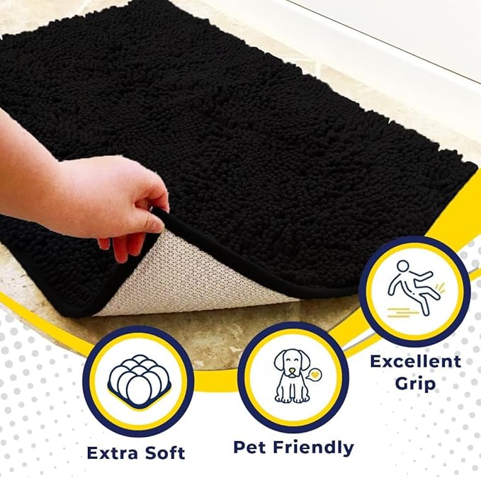 Muddy Mat® | Super Absorbent Door Mat Indoor, Microfiber Quick Dry Chenille Entryway Rug, Non-Slip Front Door Mat, Indoor Mats for Entryway, Machine Washable Pet Rug,-Black Runner 24"X60"