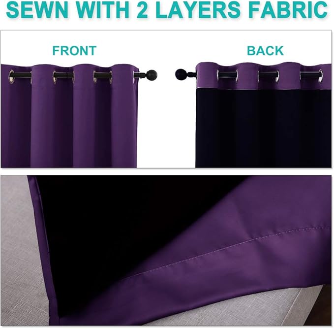 NICETOWN Total Shade Curtains and Draperies, Royal Purple, Package of 2, 62 inches Wide x 95 inches, LongHeavy-Duty Full Light Shading Drapes with Black Liner Backing for Villa/Hall/Dorm Window