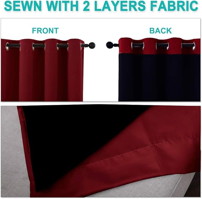 NICETOWN Full Shading Curtains 90 inches Long 2 Panels Set for Windows, Super Heavy-Duty Black Lined Blackout Curtains for Bedroom, Privacy Assured Window Treatment (Burgundy Red, 52 inches W)