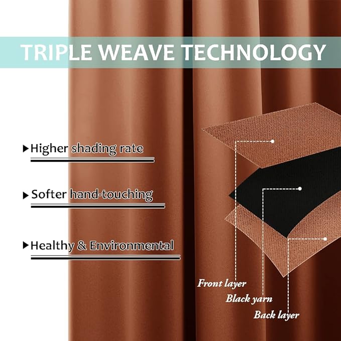 NICETOWN 100% Blackout Window Curtain Panels, Full Light Blocking Drapes with Black Liner for Nursery, 72-inch Drop Thermal Insulated Draperies (Burnt Orange, 2 Pieces, 70-inch Wide Per Panel)